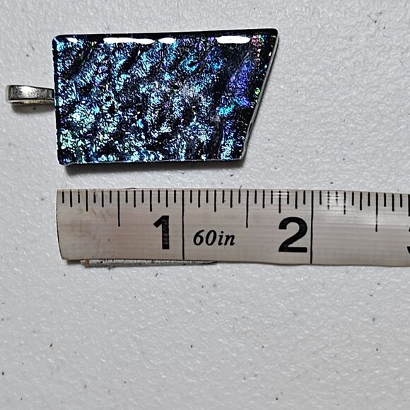 Dichroic Glass Pendant Rectangular Blue Iridescent Silver Bail Handmade Jewelry - Picture 5 of 5